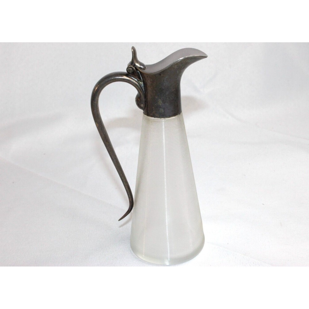 Antique Austrian SYRUP DECANTER Ribbed Glass Art Deco Pewter Duck Bill Lid RARE